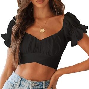 Women's Ruffle Short Sleeve Tie Up Back Crop Top Off Shoulder Bardot Blouse